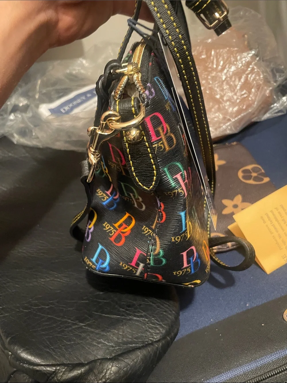 Dooney & Bourke Black Satchel with Multicolor DB Logo Print